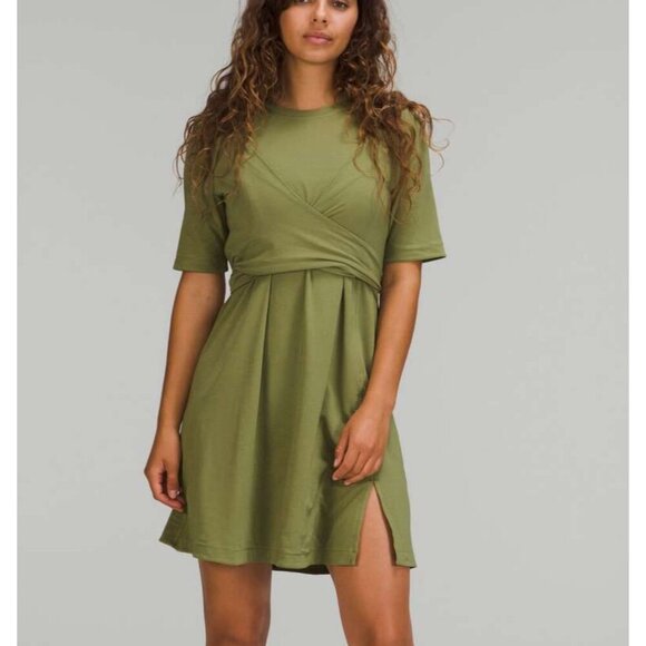 Lululemon Cotton Wrap-Front T-Shirt Dress Bronze Green Size 6 A140 - Picture 1 of 9
